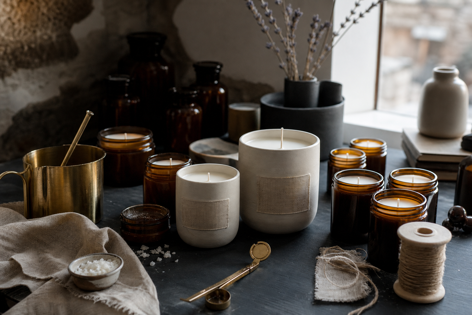 Hand-poured candles on a workshop table
