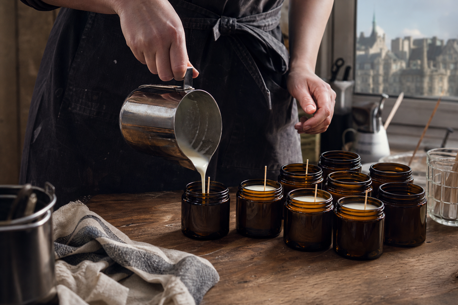 Candle pouring in workshop